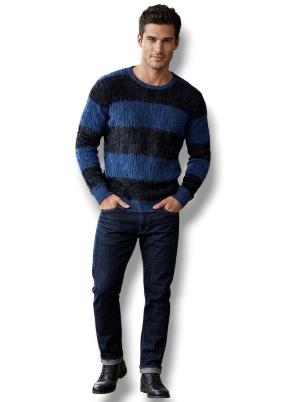 INC International Concepts NWT Fuzzy Striped Crewneck Sweater Blue Black XXL